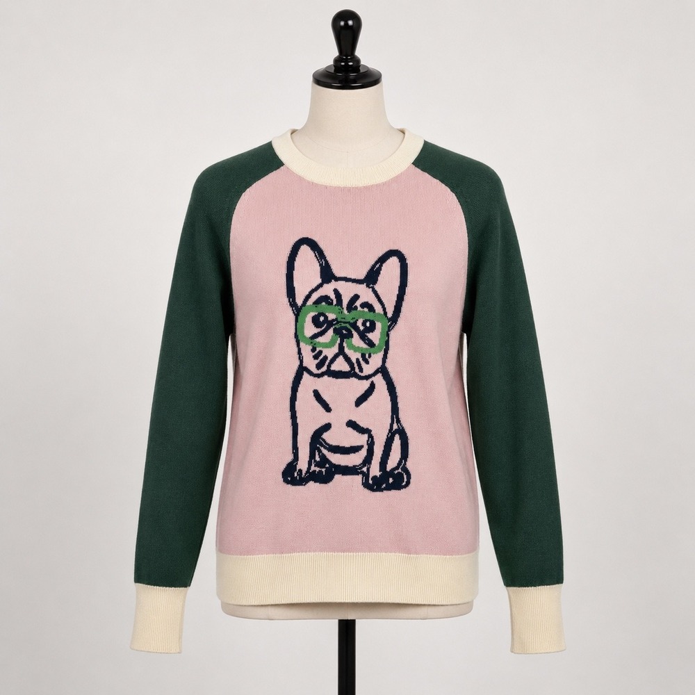 OXKNIT Womens French Bulldog Intarsia Cotton Sweater Pink Green Colorblock L